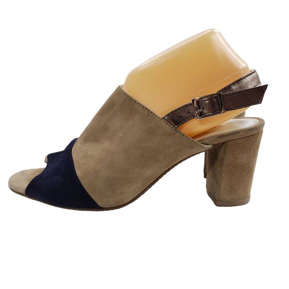 Eric Michael 10 Suede Leather Slingback Heels Womens Tan Black Block 3" Open Toe - Picture 4 of 11